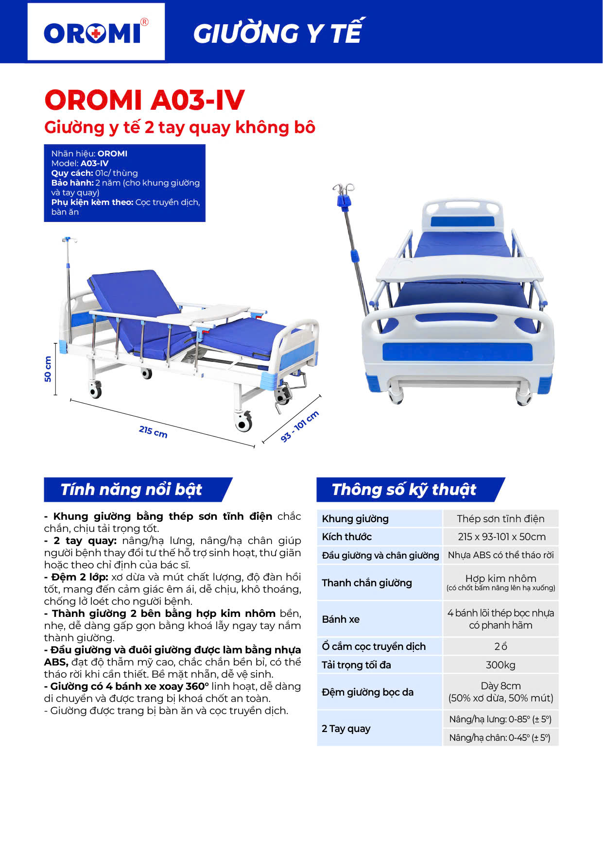 Giường y tế 2 tay quay Oromi A03-IV